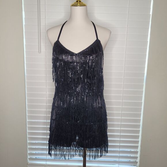 Fringe Sequin Concert Festival Party Birthday Backless Flirty Satin Romper Sz M‎ - Picture 1 of 11